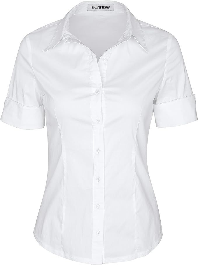 SUNNOW Womens Tailored Short Sleeve Basic Simple Button-Down Shirt with Stretch | Amazon (US)