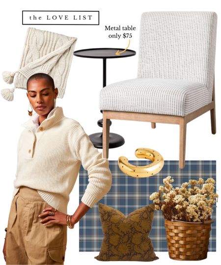 Feeling cozy for fall with home decor and fall outfits in hues of cream, dark mustard, and steel blue. The striped armchair, metal  cocktail table, chunky knit throw, plaid welcome mat, woven basket, and brown floral pillow set a serene tone. The ribbed mock neck sweater and gold bracelet keep you stylish and comfortable.

#LTKSeasonal #LTKunder50 #LTKhome