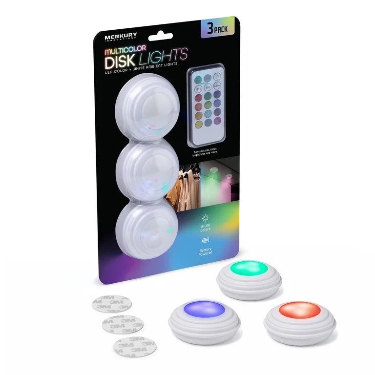 Merkury Innovations Multicolor RGB Puck Lights, Battery Operated, Touch Activated, with Remote Co... | Walmart (US)