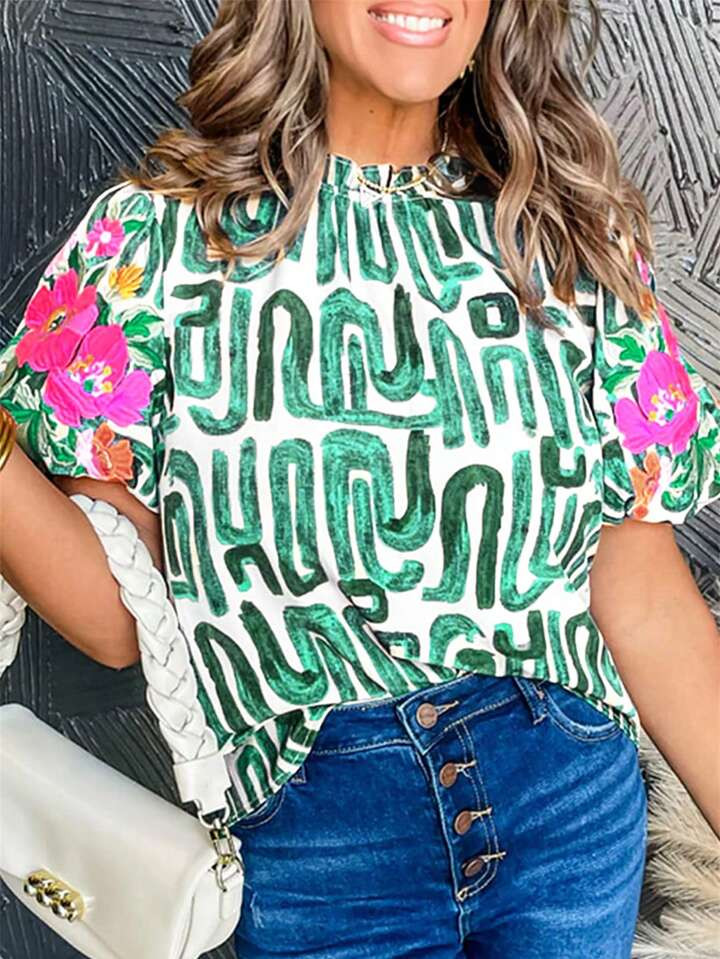 Astylish Women's Embroidered Abstract Floral Print Frilled Neck Puff Sleeve Blouse Top | SHEIN