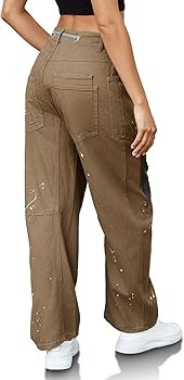 PLNOTME Womens Baggy Barrel Horseshoe Jeans Wide Leg Patchwork Low Rise Denim Pants with Pockets | Amazon (US)