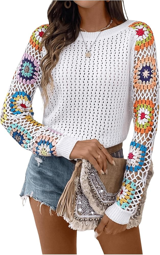 MakeMeChic Women's Floral Long Sleeve Crochet Sweaters Round Neck Hollow Out Knit Tops | Amazon (US)