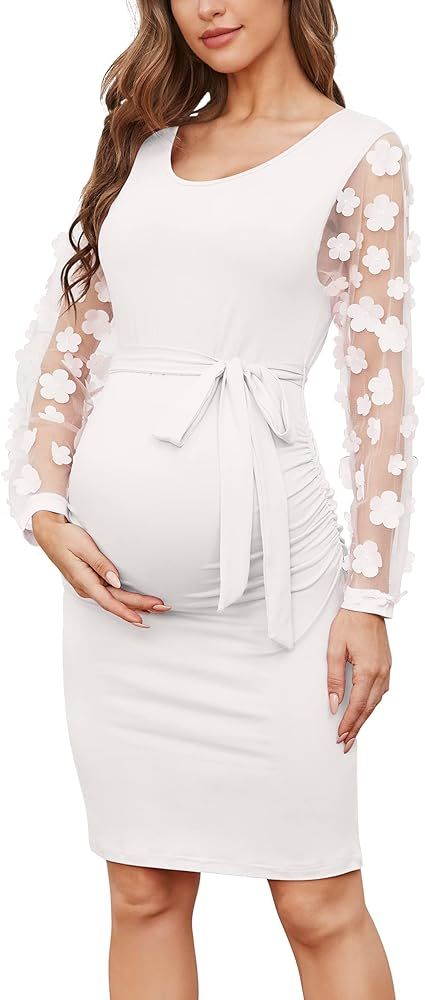 Floral Mesh Bishop Long Sleeve Maternity Midi Dress, Fall Maternity Bodycon Dress for Baby Shower... | Amazon (US)