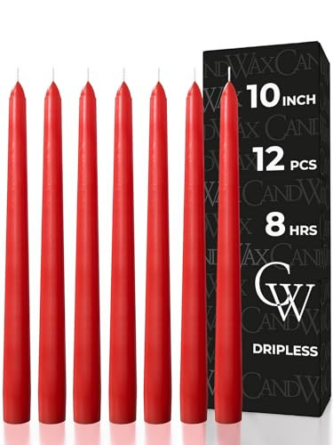 CANDWAX 10 inch Red Taper Candles Set of 12 - Dripless and Long Burning Red Candlesticks - Perfect as Christmas Candlesticks for Dinner or Holiday Home Decor - Christmas Candle Sticks | Amazon (US)