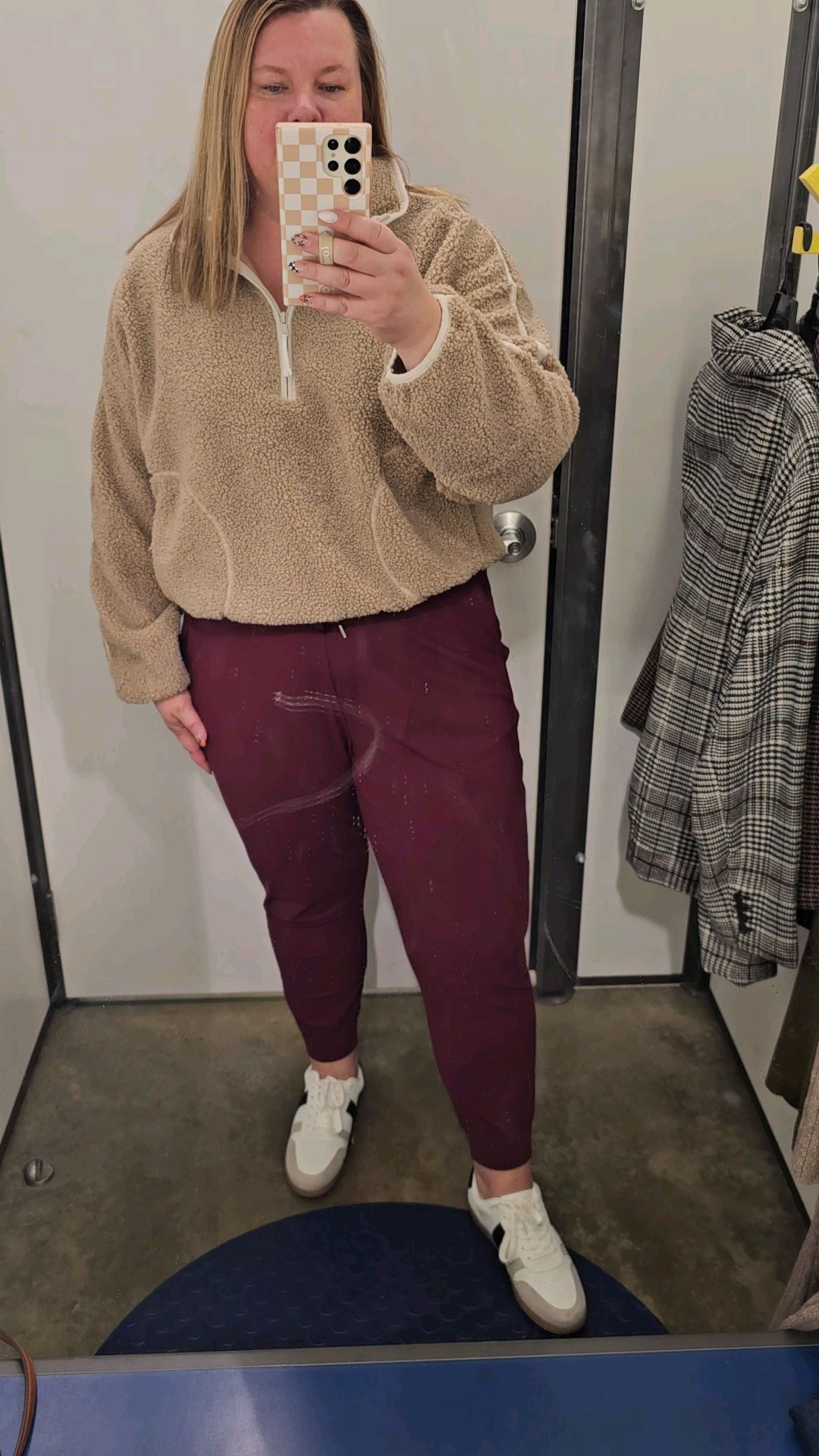 Sherpa pullover and Pants are both XL.  This sherpa top is so soft!  Shoes TTS 11.Fall looks. Cozy style.  Travel outfit. Burgundy. Neutral. Winter outfit. Size 18. 

#LTKSaleAlert #LTKFindsUnder50 #LTKMidsize