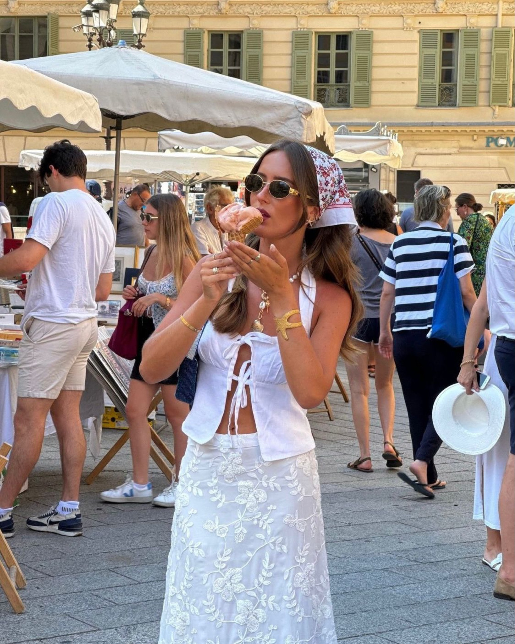 Reformation linen blouse, white tank top, front tie, white floral maxi skirt, Nakd skirt, co ord, sezane scarf, head scarf, metal frame oval sunglasses, holiday outfits, city break, euro summer, vacation, statement jewellery, pearl necklace, arm cuff, vacation 

#LTKeurope #LTKuk #LTKsummer
