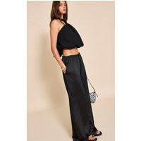 Black Satin Wide Leg Drawstring Trousers | PrettyLittleThing IE