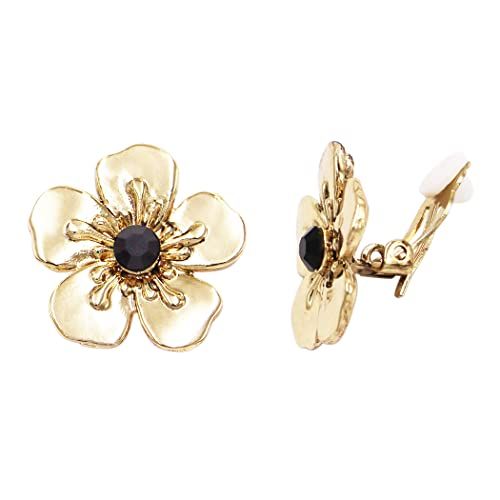 Polished Gold Tone Sculpted 3D Metal Flower Crystal Crystal Center Clip On Style Earrings, 1&quot... | Rosemarie Collections