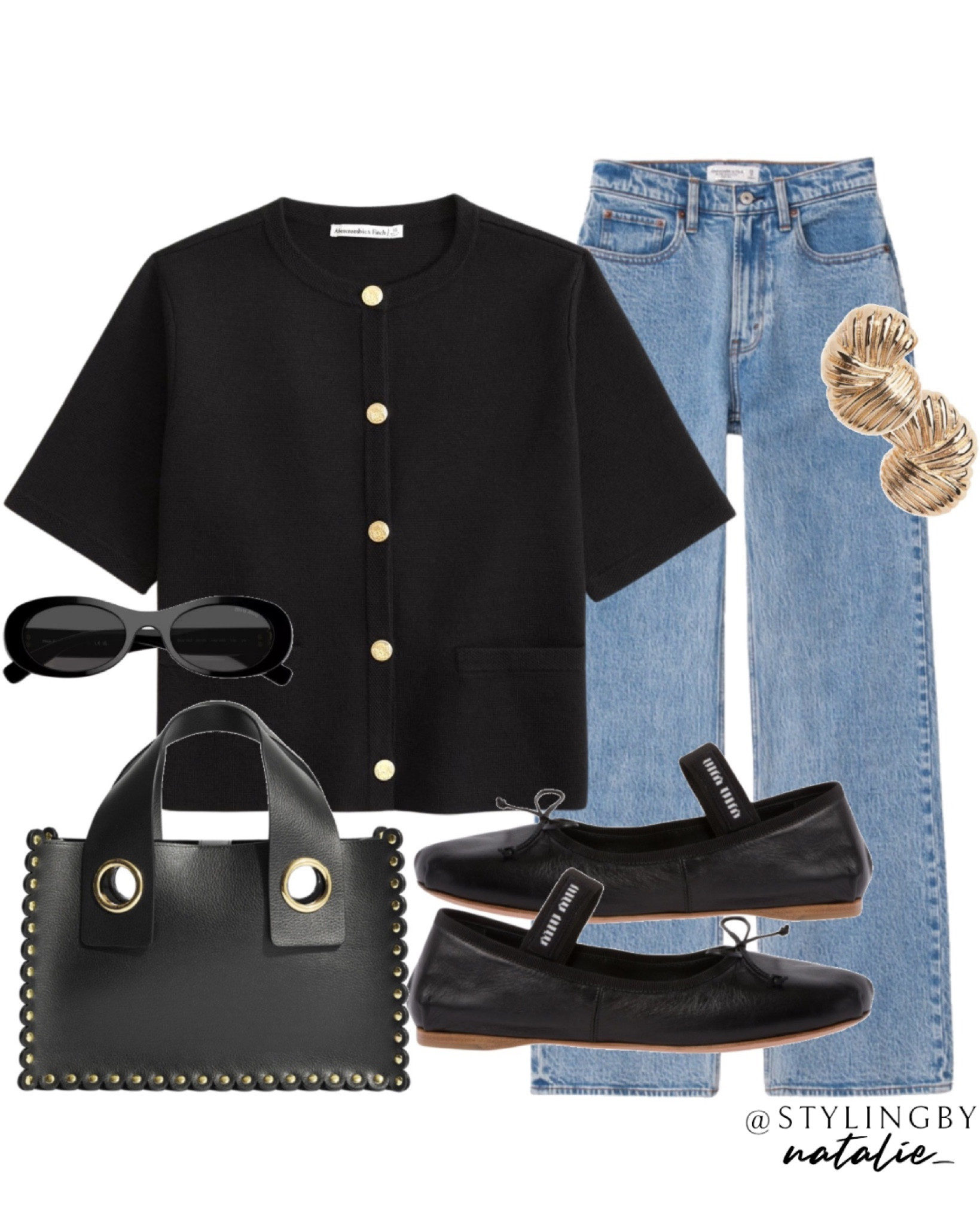 Short sleeve cardigan with gold buttons, high rise relaxed jeans, Miu Miu ballet pumps, black tote bag, gold earrings & Miu Miu sunglasses.
Old money, casual chic, classy outfit, everyday outfit, transitional style, ballet flats.

#LTKautumn #LTKworkwear #LTKstyletip