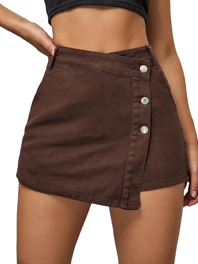 WDIRARA Women's High Waisted Button Front Denim Skort Asymmetrical Hem Skirt Shorts | Amazon (US)