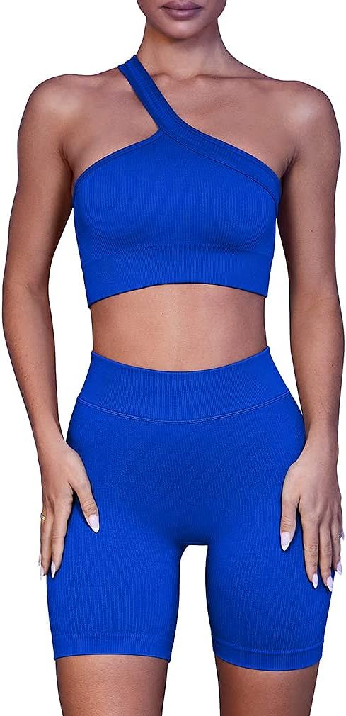 LNSK Workout Sets for Women 2 Piece Seamless Sexy Ribbed Outfits Gym Yoga Shorts Running Set | Amazon (US)