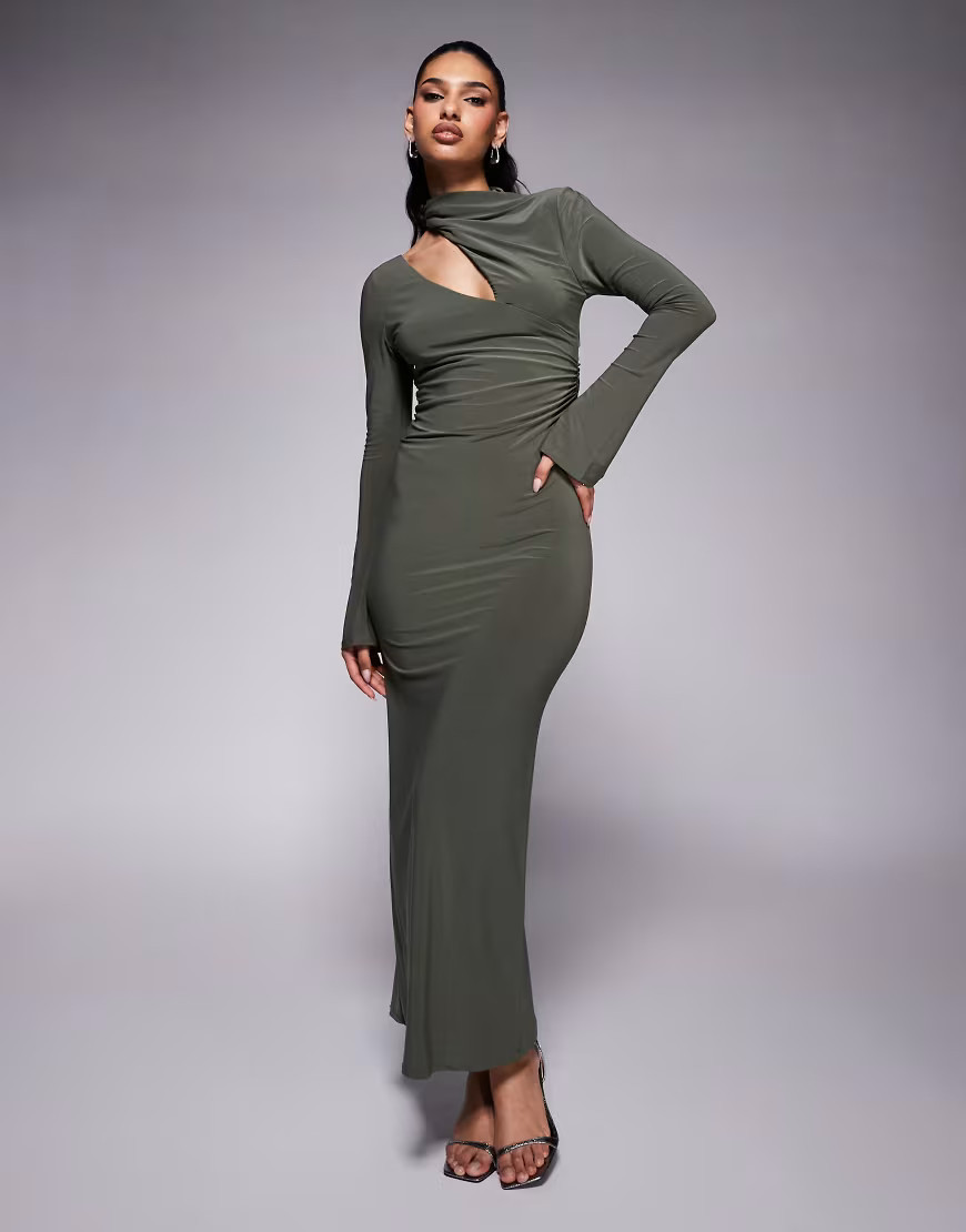 ASOS DESIGN long sleeve slash shoulder maxi dress with ruched bodice detail in green | ASOS (Global)