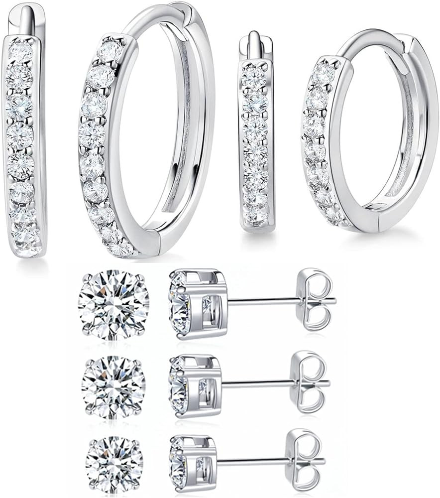 MDFUN Hoops Huggie Stud Earrings Set 14K White Gold Plated Cubic Zirconia Earring for Women Pack ... | Amazon (US)