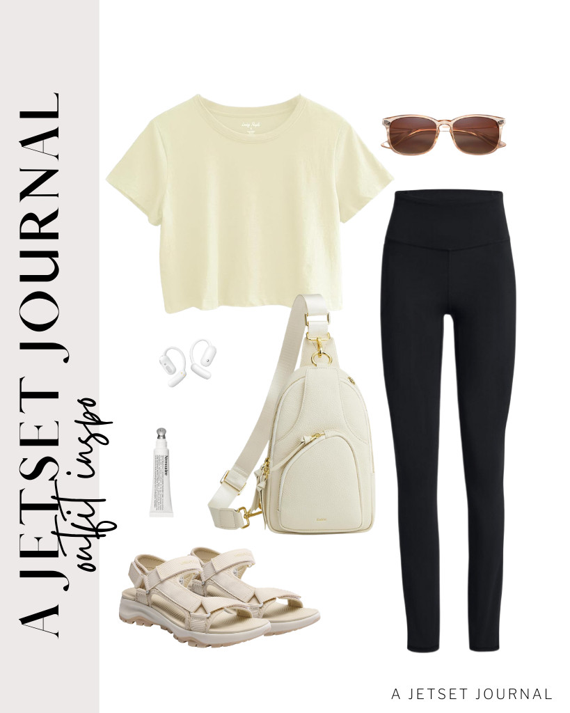 A crewneck tee plus high-waisted leggings are perfect for travel or quick road trips. This textured Kattee sling bag and DREAM PAIRS sandals pair well with this fit. You can pair these polarized sunglasses and Soundcore’s open-ear headphones to this look, too.

#LTKSeasonal #LTKSaleAlert #LTKTravel 

 