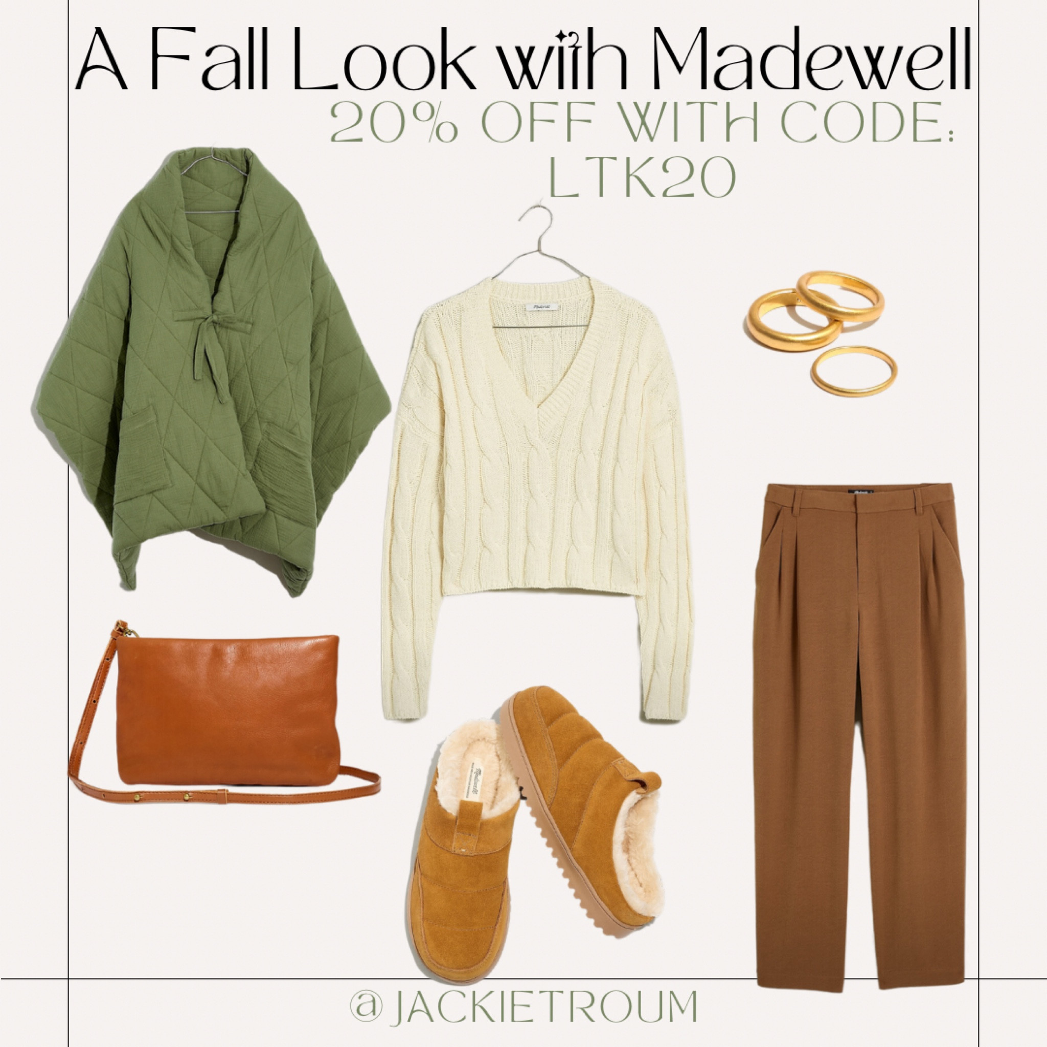 
A fall look with Madewell

Quilted Scarf, Pleated Pants, Cable Knit V-Neck Sweater, Suede Slipper, Crossbody Bag, Chunky Gold Ring Set.

20% off during the LTK X Madewell sale!

#LTKSeasonal #LTKxMadewell #LTKsalealert