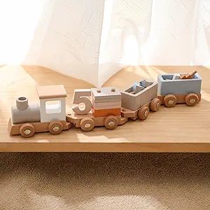 Wooden Train Toys for Babies with Numbers and 4 Train Carriage Toys, Preschool Toys for Toddlers. | Amazon (US)
