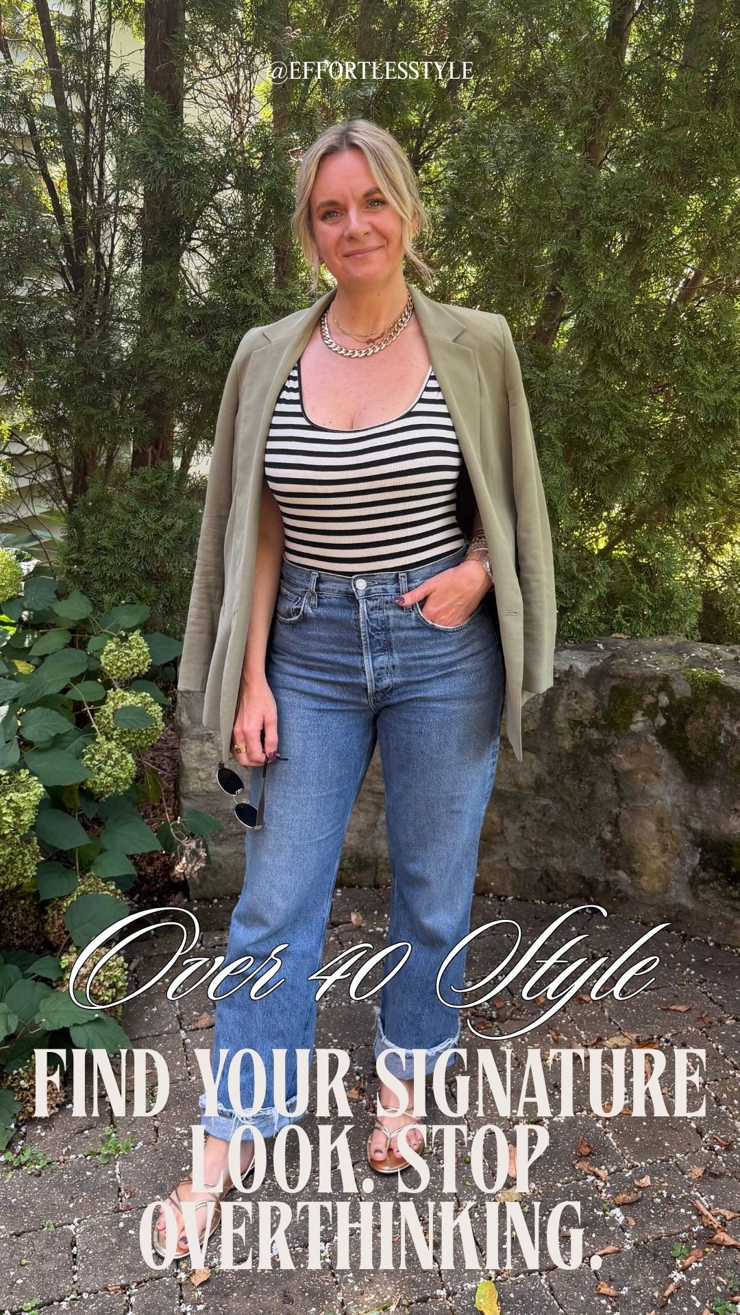 Things I recommend to every single client: find your signature look and stop overthinking it 👇

And here’s what I mean by that:

💚 A signature look isn’t boring — it’s intentional. The women who always look put together aren’t reinventing the wheel every morning. They’ve found a combination that works for their body, their lifestyle, and their personal style — and they come back to it on repeat. That’s not a lack of creativity. That’s confidence.

💚 Once you find it, getting dressed becomes automatic. For me it’s a striped top under a solid blazer with great denim and a flat sandal. I know it works, I know it photographs well, I know I feel good in it — so I reach for it without thinking. That’s the goal. No decision fatigue, no second guessing, just grab and go.

💚 Your signature look should be built around what actually fits your life. Not what looks good on someone else, not what’s trending, not what you think you should be wearing. The pieces that work for your body, your schedule, and the way you actually live your life. That’s what makes it sustainable and that’s what makes it yours.

OOTD ✨ Light olive blazer + striped tank + cuffed straight leg denim + gold metallic sandals + gold accessories. All from my own closet — linked the closest versions I could find. Everything shoppable below! 👇

#LTKootd #LTKOver40 #LTKWorkwear