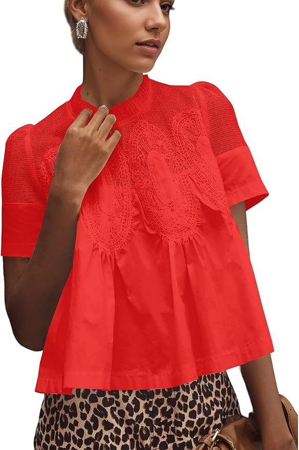 Burtell Women Swing Lace Blouse Summer Mock Neck Puff Short Sleeve Mesh Tops See Through A-Line P... | Amazon (US)
