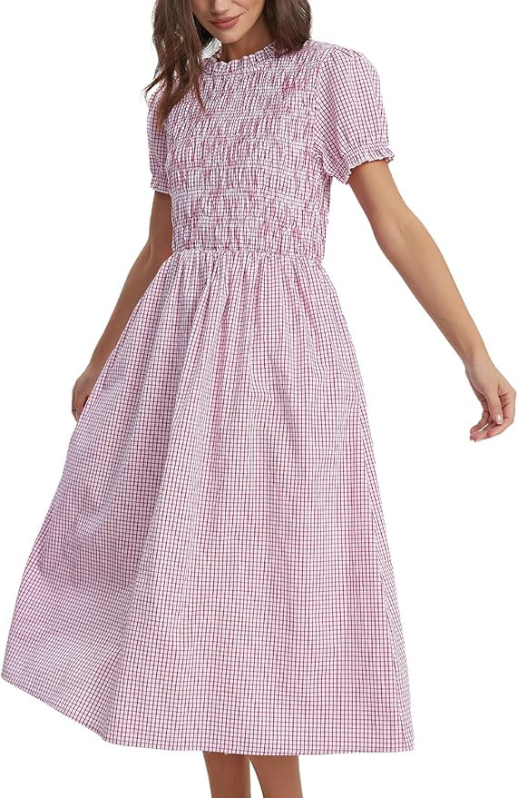 Women Summer Dress Puff Short Sleeve Plaid Flowy Boho Beach Dress Gingham Smocked Vacation Midi S... | Amazon (US)