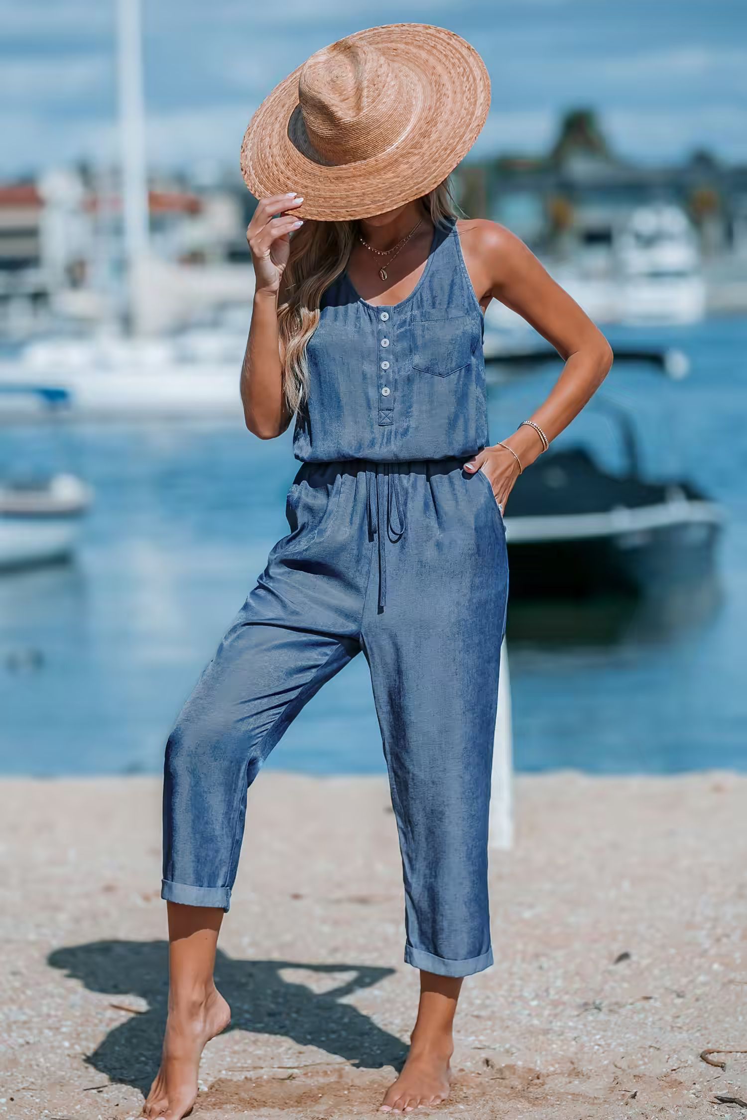 Blue Sleeveless Scoop Neck Pocket Jumpsuit | Cupshe US