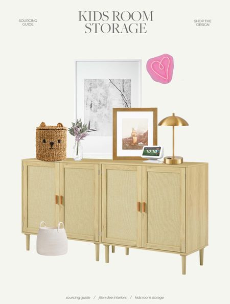 Shop The Design: Kids room & playroom storage. This space saving cabinet holds so much! From toys, books, blankets, you name it. Add in a few basket & bins for even more storage. Give it some personality with large picture frames, a brass lamp & a pink neon heart light.

#LTKhome #LTKkids #LTKfamily