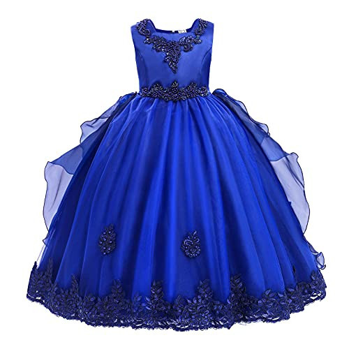 Flower Girls Sleeveless Floral Lace Tulle Princess Puffy Tulle Dress Bridesmaid Wedding Communion Party Pageant Birthday Maxi Formal Prom Evening Ball Gown for Kids Bright Royal 4-5T | Amazon (US)