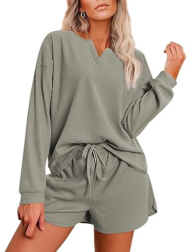 EkouaerEkouaer Lounge Sets for Women Waffle Knit Pajama Set Long Sleeve Top and Shorts Matching L... | Amazon (US)