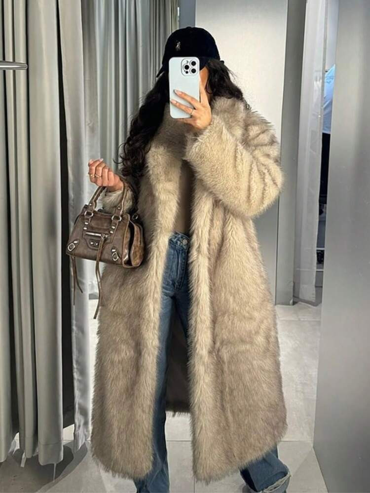Women's Faux Fur Lapel Collar Long Shaggy Casual Jacket | SHEIN