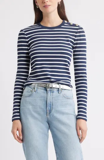 Caslon® Stripe Button Shoulder Long Sleeve Rib T-Shirt in Navy- White Josephine Stripe at Nordstrom Rack, Size Medium | Nordstrom Rack