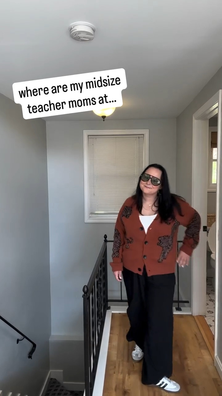 midsize teacher outfit idea that actually works for real life — loose black wide leg pants, lightweight cardigan, and sneakers for all day comfort.

this is a go-to formula for outfits that work sitting, standing, and walking all day without needing to adjust or suck in. perfect for teachers or anyone on their feet all day.

#LTKWorkwear #LTKMidsize #LTKootd