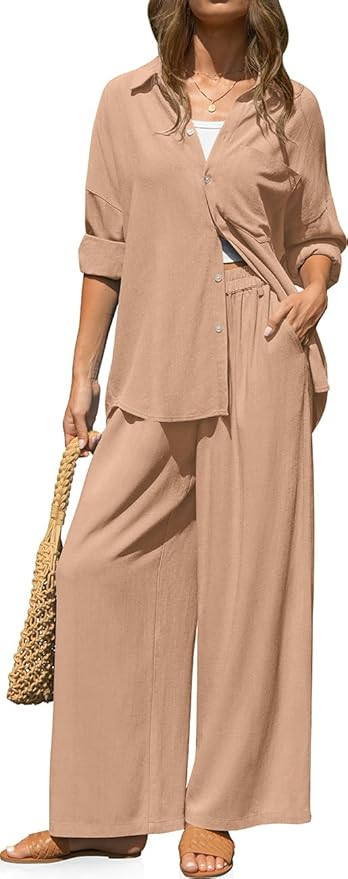 TARSE Women's Linen 2 Piece Outfits Casual Lounge Sets Long Sleeve Button Down Shirts Wide Leg Pa... | Amazon (US)