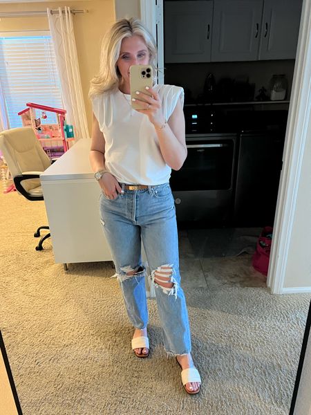 Summer mom’s night out outfit! My express top is last season but linked similar, my jeans are agde size 28 and my belt and slides are from Amazon. Great designer look! 

#LTKSeasonal #LTKfindsunder100 #LTKmidsize