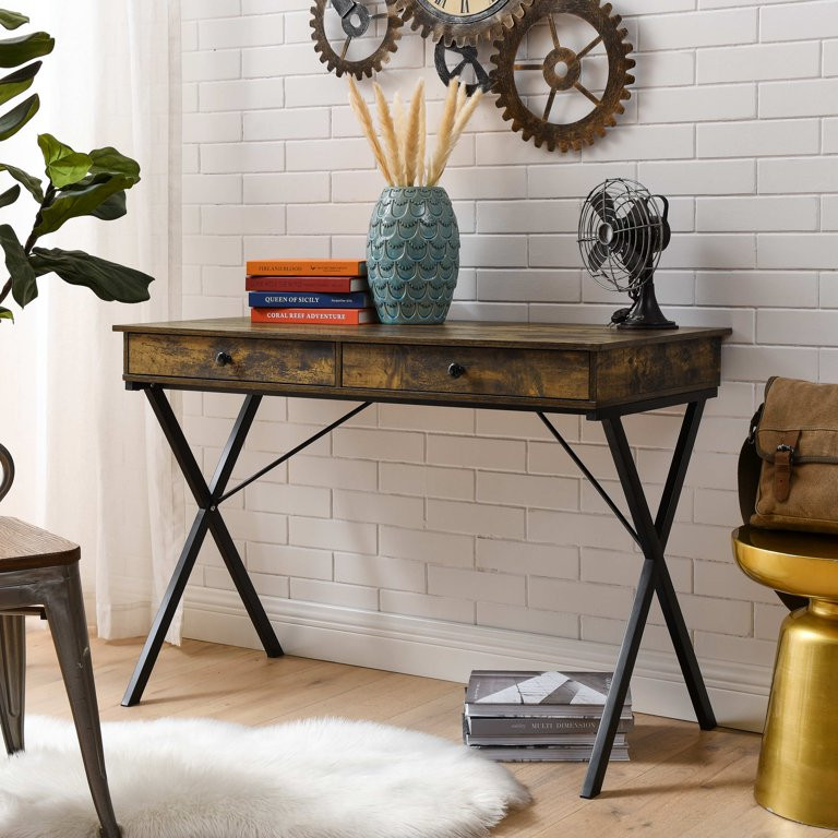 Rustic Brown 2 Drawers Writing Desk with Black Stoving Varnsih Steel Frame，MDF Table Top（42... | Walmart (US)