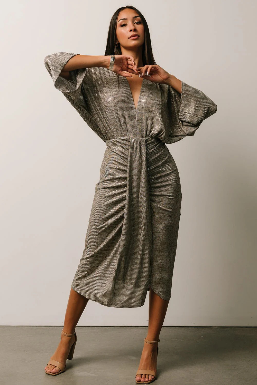 Ciara Ruched Midi Dress | Silver Metallic | Baltic Born