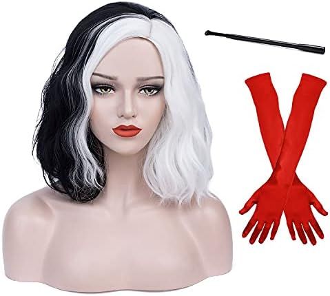 Ruina Black and White Wigs for Cruella Deville Costume Cosplay Women Short Curly Wavy Bob Hair Wi... | Amazon (US)