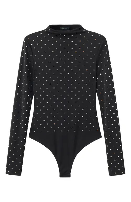 MANGO Selection Crystal Embellished Long Sleeve Bodysuit in Black at Nordstrom, Size Large | Nordstrom