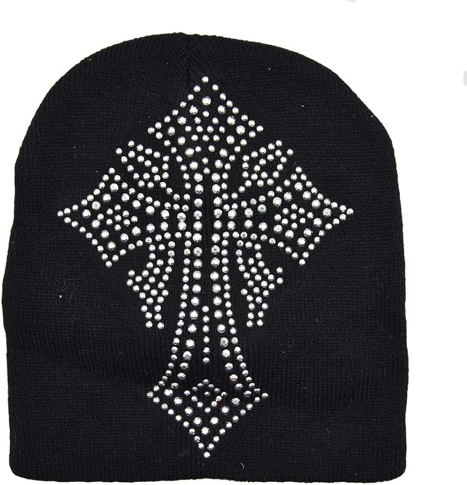 Black Knit Beanie Cap Rhinestone Cross Warm Beanie Hat | Amazon (US)