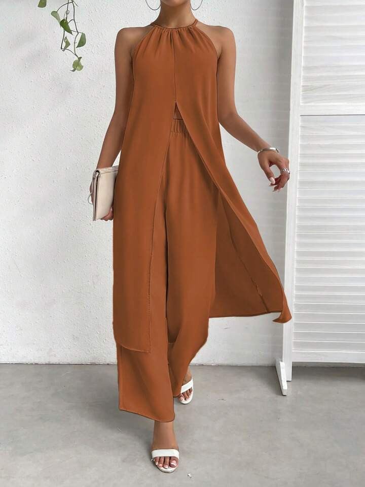 SHEIN Essnce Sólido Split Hem Halter Top & Calças Pernas Largas | SHEIN