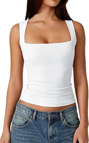 QINSEN Women's Square Neck Sleeveless Double-Layer Tank Tops Basic Tight T Shirts | Amazon (US)