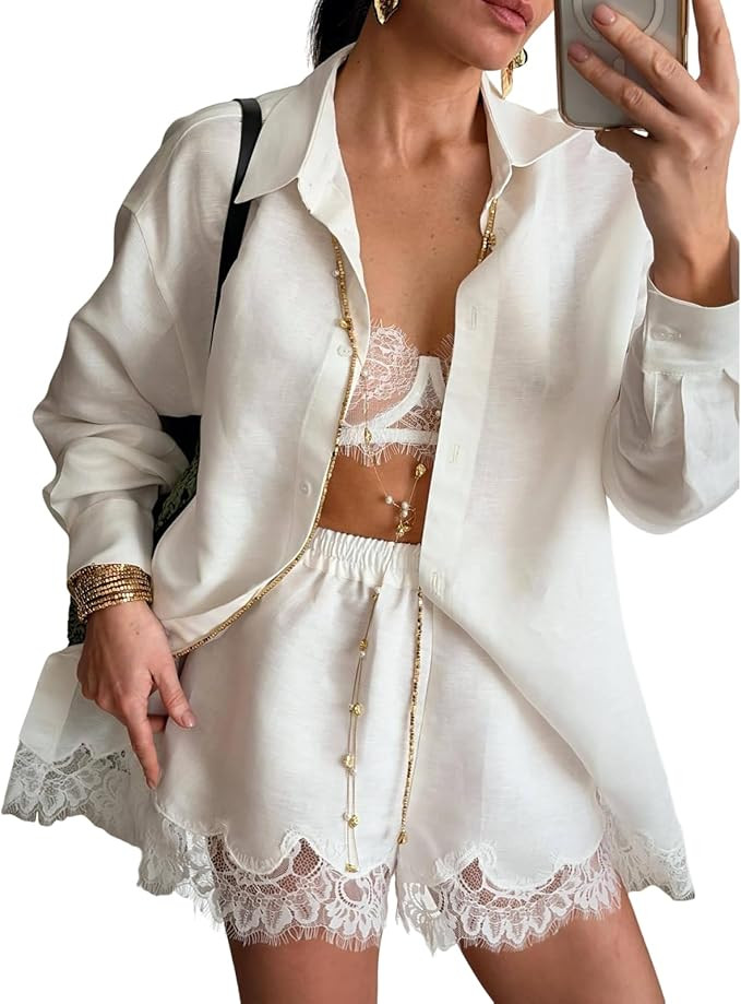 Women's 2 Piece Outfits Lace Trim Button Down Shirt and Shorts Set PJS Set Blouse Lounge Set | Amazon (US)
