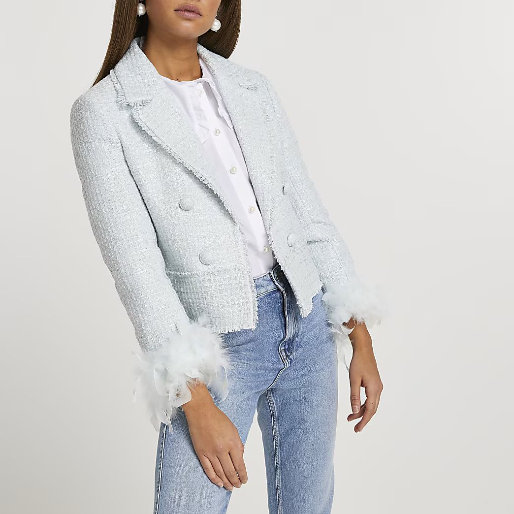 Green boucle jacket feather cuffs | River Island (UK & IE)