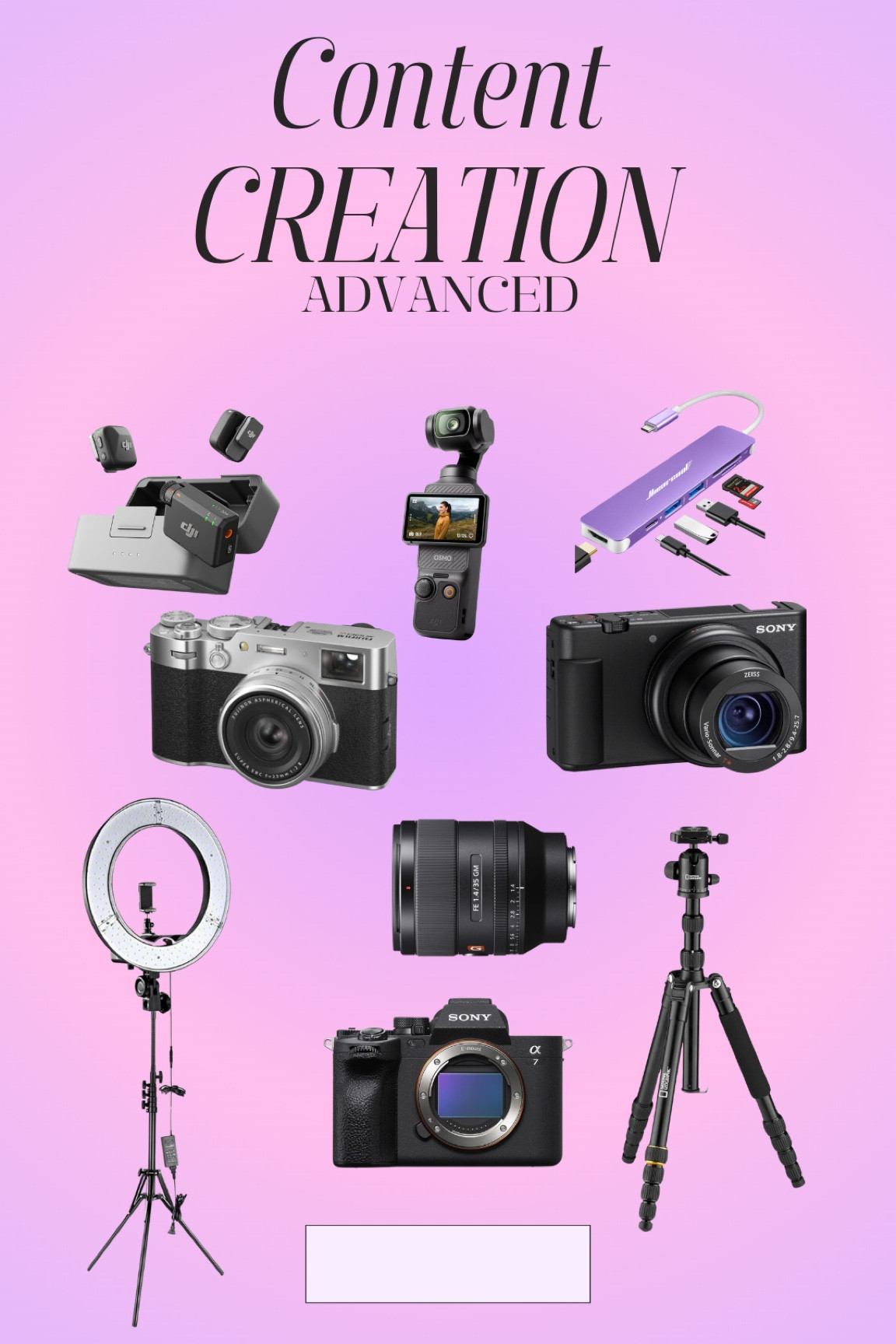 Favorite CAMERAS. For content creation.
You don’t have to have all of them, but here are some options✨ I love the Fuji for everyday photos (and flash style) and DJI for vlogging