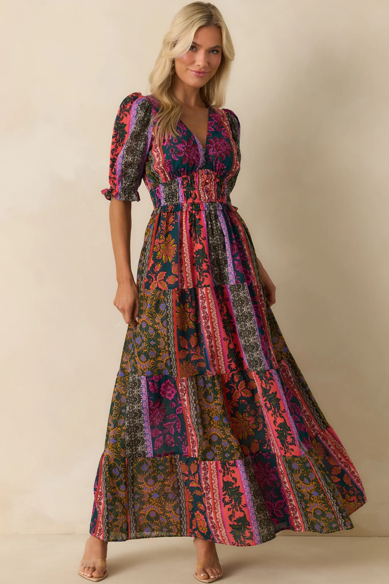 Dream A Little Dark Teal Multi Patchwork Print Cotton Maxi Dress | Red Dress