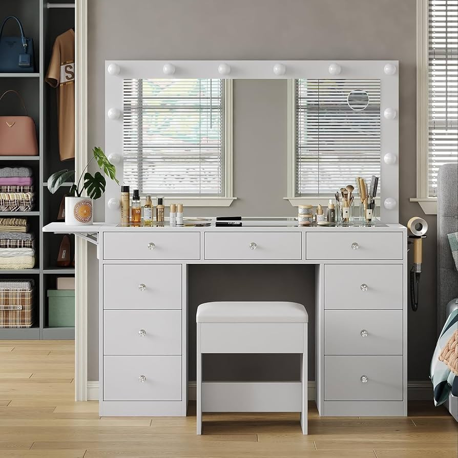 Vanity Desk with Power Outlet, 9 Drawers Makeup Vanity with Mirror and 12 LED Lights, 3 Lighting ... | Amazon (US)