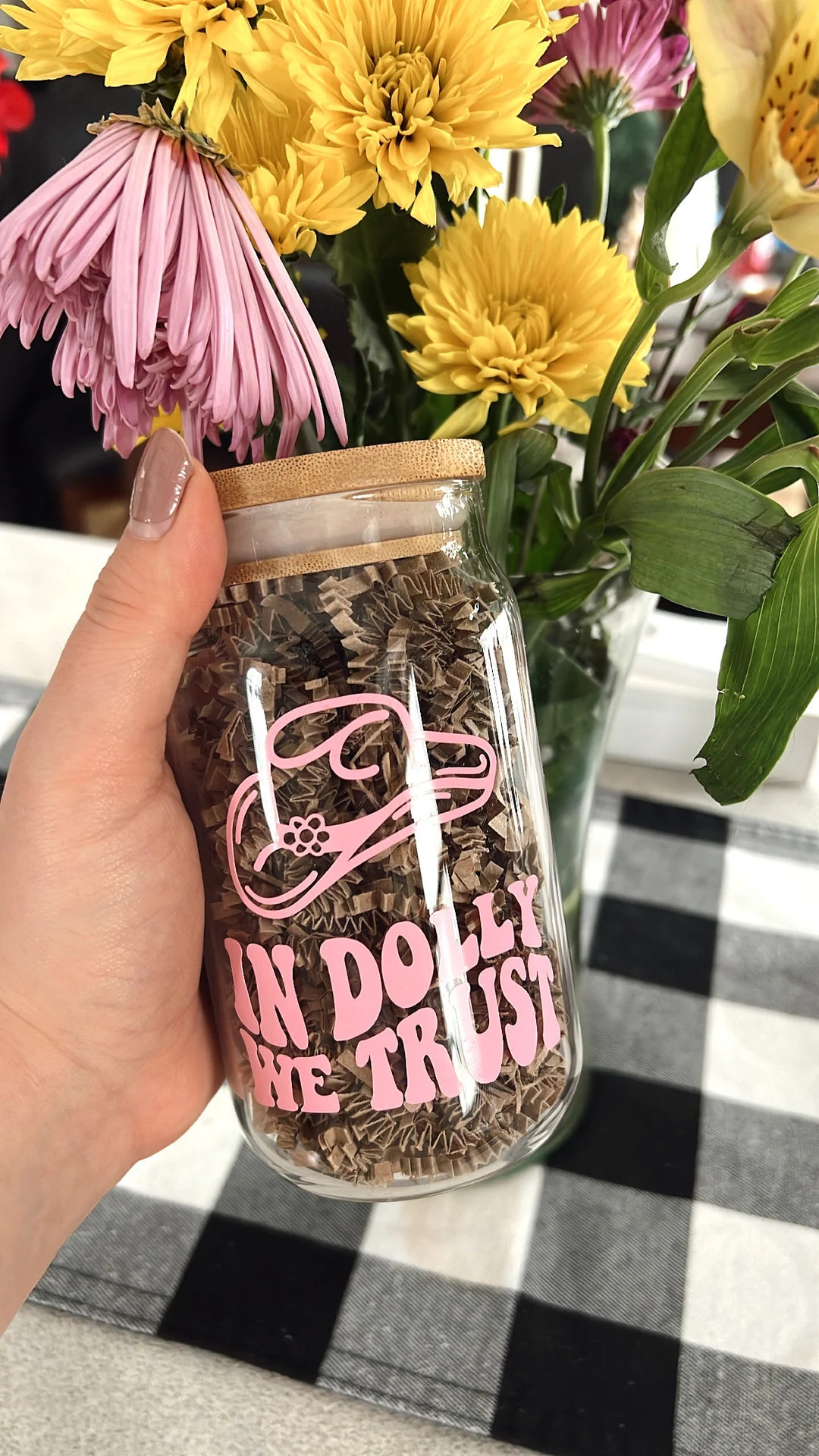 In Dolly We Trust, Dolly Parton Glass with Bamboo Lid and Glass Straw | Etsy (US)