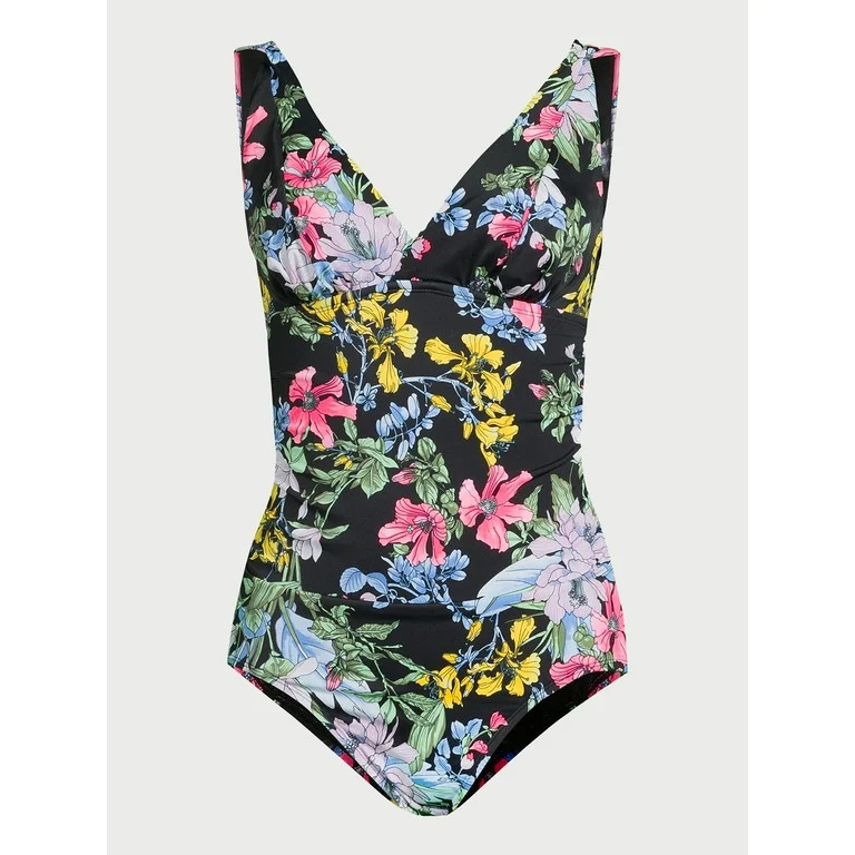 Time and Tru Women's and Plus Plunge V Neck One Piece Swimsuit, Sizes S-3X - Walmart.com | Walmart (US)