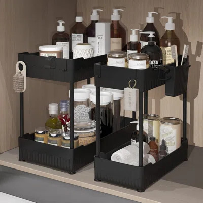 2 Pack Under Sink Organizer, Under Bathroom Cabinet Organizer With Hooks Hanging Cup, Multi-Purpose Storage Shelf For Kitchen Bathroom, Black | Wayfair North America