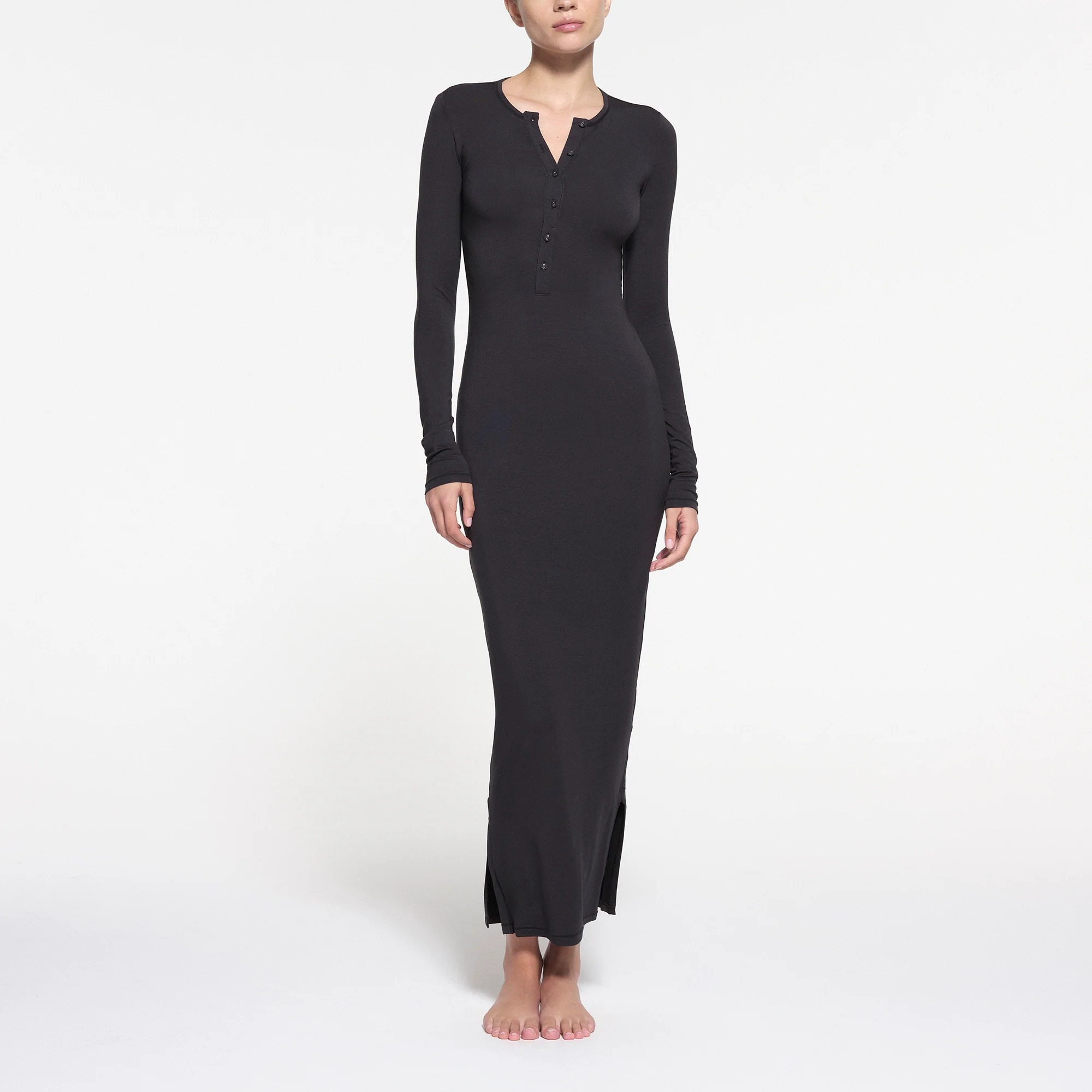 SKIMS Sleep Henley Long Dress | Black | XS | SKIMS (US)