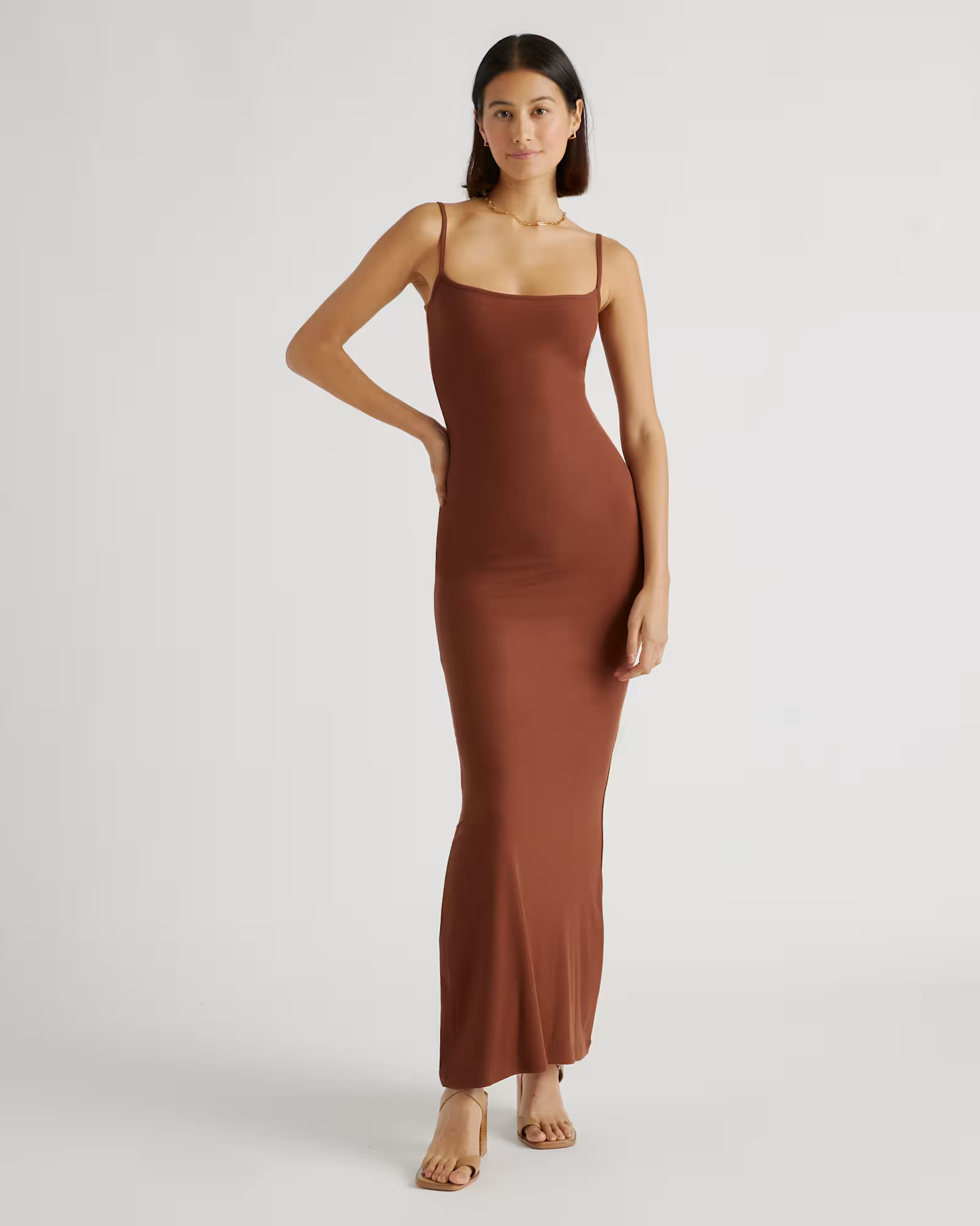 Brown Tencel Rib Knit Maxi Slip Dress | Quince