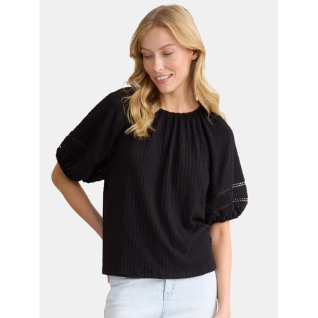Time and Tru Women's Lace Trim Top with Puff Sleeves, Sizes XS-XXXL | Walmart (US)